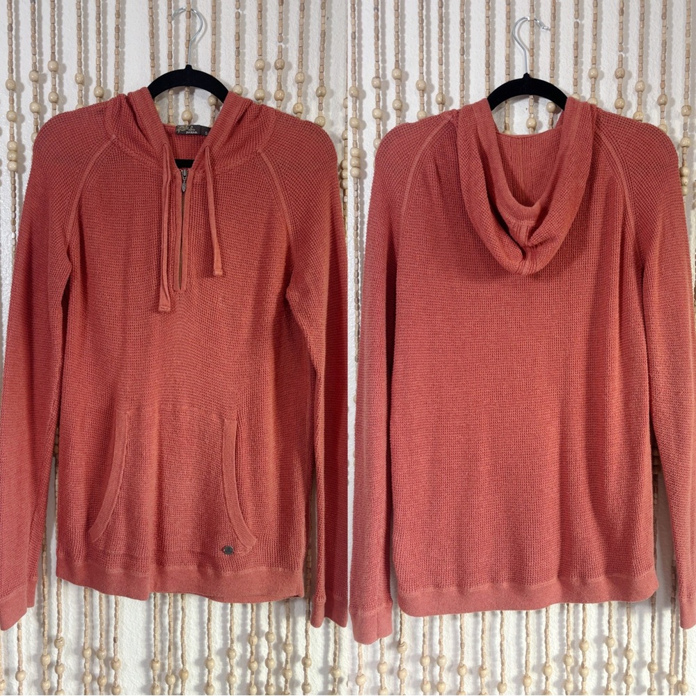 Prana Terracotta Crochet Knit Hooded Long Sleeve Boho Indie Hiking Zip Sweater S